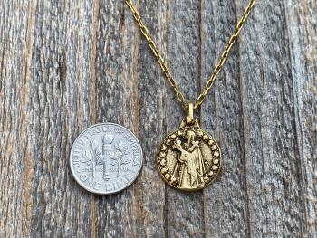 Antique Gold Plated St Thérèse of Lisieux Medal Pendant Necklace, Antique Replica, by artist PY, Small St Theresa of the Child Jesus Charm