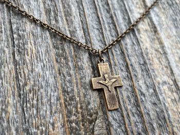 Bronze Small Descending Holy Spirit Cross Pendant Necklace, Antique Replica, Descending Dove, Holy Ghost Medallion, Veni Sancte Spiritus, C1