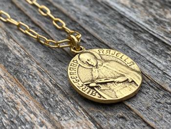 Antique Gold Plated St Gerard Majella Medal Pendant Necklace, French artist Charl, Antique Replica, Saint of Expectant Mothers, of Fertility