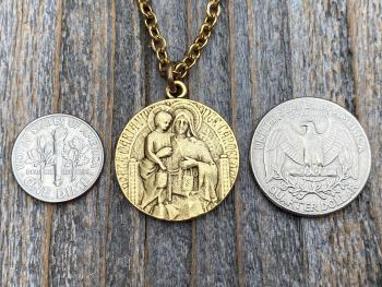 Antique Gold Plated Scapular Pendant Necklace, Antique Replica, Artist Tricard, French Medallion, Sacred Heart of Jesus, Our Lady Mt Carmel