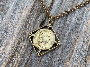 Antique Gold Plated St Joan of Arc Medal Pendant Necklace, Antique Replica of Rare French Medallion, St Jeanne d'Arc Medallion from France