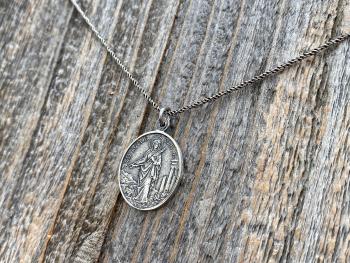 Sterling Silver St Agatha & St Lucia Medal Pendant Necklace, Antique Replica of French Medal with Latin Wording, Rare and Old Medallion Lucy