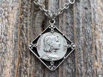 Silver Plated St Joan of Arc Medal Pendant Necklace, Antique Replica of Rare French Medallion, Saint Jeanne d'Arc Medallion from France