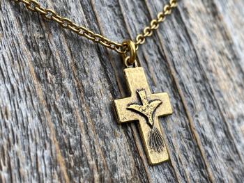 Antique Gold Small Descending Holy Spirit Cross Pendant Necklace, Antique Replica, Descending Dove, Holy Ghost Medal Veni Sancte Spiritus C1