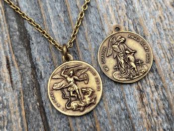 Antique Gold St Michael the Archangel & Guardian Angel Medal Pendant Necklace, Antique Replica, Two-Sided Protection Medallion