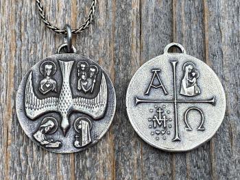 Large Sterling Silver 5 Way Medal Pendant Necklace, Antique Replica, Big 4 Way Medallion, from France by Artists JB and PCH, Descending Dove