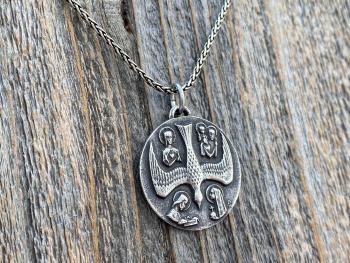 Large Sterling Silver 5 Way Medal Pendant Necklace, Antique Replica, Big 4 Way Medallion, from France by Artists JB and PCH, Descending Dove