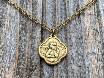 Antiqued Gold Plated Angel Medal Pendant Necklace, Antique Replica, Quatrefoil Shape, Reproduction of French Antique Medallion, Cherub Charm