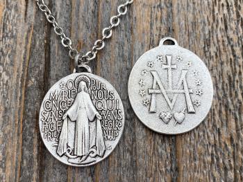 Silver Plated Large French Miraculous Medal, Antique Replica, Pendant Necklace, By artists PCH & JB, Miraculous Medallion from France MM1