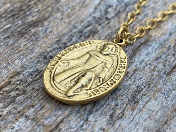 Antique Gold Plated St Peregrine Laziosi Medal Pendant Necklace, Antique Replica, Saint of Cancer, Saint Peregrinus Pellegrino, Pray for Me