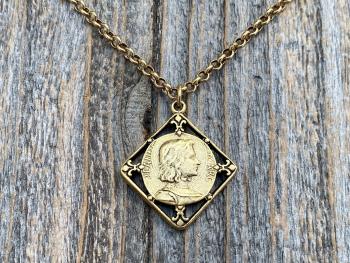 Antique Gold Plated St Joan of Arc Medal Pendant Necklace, Antique Replica of Rare French Medallion, St Jeanne d'Arc Medallion from France