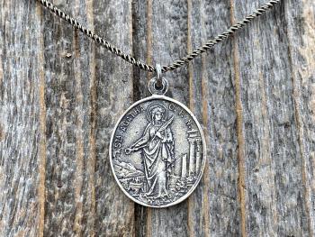 Sterling Silver St Agatha & St Lucia Medal Pendant Necklace, Antique Replica of French Medal with Latin Wording, Rare and Old Medallion Lucy