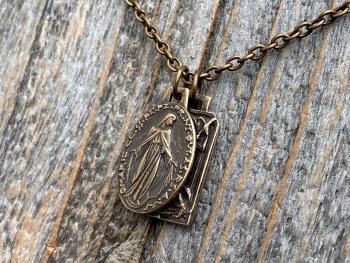 Bronze Saint Michael and/or Miraculous Medal Cluster Pendant Necklace, French Antique Replica Medallions, Signed by PY, Layered Pendants