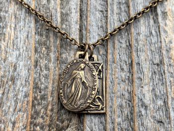 Bronze Saint Michael and/or Miraculous Medal Cluster Pendant Necklace, French Antique Replica Medallions, Signed by PY, Layered Pendants