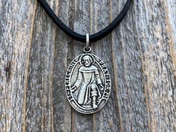 Antiqued Pewter St Peregrine Laziosi Medal Pendant Necklace, Antique Replica, Saint of Cancer, Saint Peregrinus Pellegrino, Pray for Me