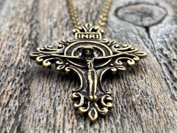 Antiqued Gold Artisan Crucifix, Antique Replica, Pendant on Necklace, Large and Elegant Radiant Crucifix, Bail on Backside, Jesus on Cross