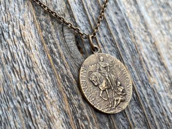 Bronze Latin St Martin of Tours Medal Pendant Necklace, French Antique Replica, Sanctus Martinus Turonensis Bishop of Tours, by Penin Lyon