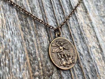 Bronze Saint Michael the Archangel and Guardian Angel Medal Pendant on Necklace, Antique Replica, Rare Two-Sided Angel Medallion Charm M3