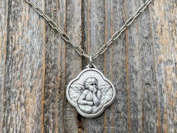 Silver Angel Medal Pendant on Necklace, Reproduction of French Antique Medallion, Quatrefoil Shaped Antique Replica Cherub Putti Charm