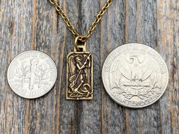 Antiqued Gold Saint Michael Medal Pendant on Necklace, French Antique Replica Medallion, Art Deco Rectangular St Michael the Archangel By PY