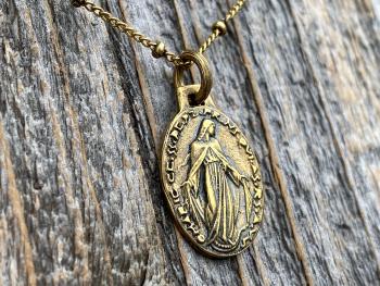 Antiqued Gold Miraculous Medal Pendant on Satellite Chain Necklace, French Antique Replica Medallion, Signed by French Artist Ferdinand PY