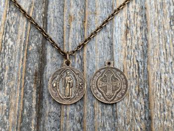 Bronze Small French St Benedict Medal Pendant and Necklace, Antique Replica, Crux Sancti Patris Benedicti, Holy Father Saint Benedict Charm