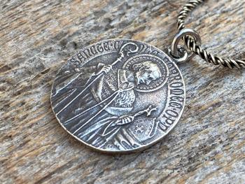 Sterling Silver St Charles Borromeo Medal and Necklace, By French Artist Tricard, Antique Replica, Patron Saint of Stomach Ailments Dieting