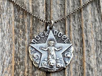 Sterling Silver Christmas Noel Noel Pendant and Necklace, Antique Replica of a Rare French Medallion, Baby Jesus with a Radiant Star, France