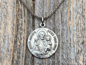 Sterling Silver Saint Joseph French Medal Pendant on Necklace, Antique Replica Medallion, Oratoire St. Joseph, Mont Royal, Montreal Quebec