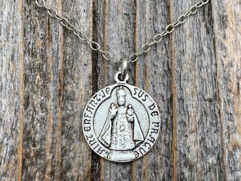 Silver The Infant Jesus of Prague Medal Pendant on Necklace, Antique Replica Signed by Charl, Saint Enfant Jesus De Prague, French Medallion