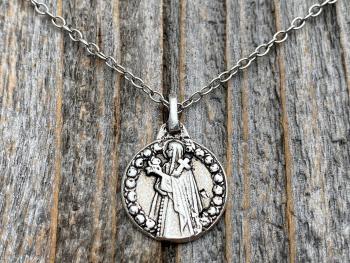 Small Silver St Thérèse of Lisieux Medal Pendant on Necklace, Antique Replica of Rare St Theresa of the Child Jesus Medallion by Artist PY