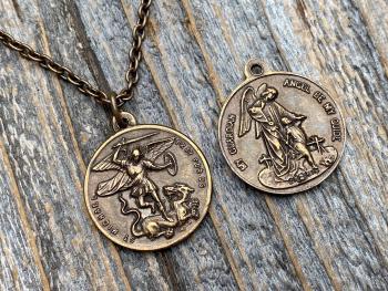Bronze Saint Michael the Archangel and Guardian Angel Medal Pendant on Necklace, Antique Replica, Rare Two-Sided Angel Medallion Charm M3