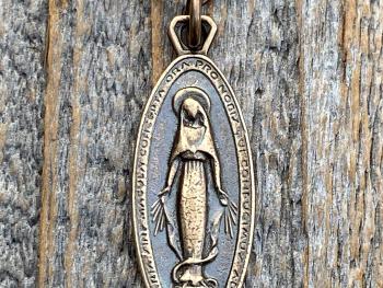 Bronze Latin Miraculous Medal Pendant and Necklace, Antique Replica of French Miraculous Medallion, Elongated Oval Shape Blessed Virgin Mary