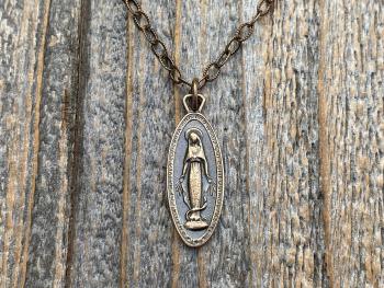 Bronze Latin Miraculous Medal Pendant and Necklace, Antique Replica of French Miraculous Medallion, Elongated Oval Shape Blessed Virgin Mary