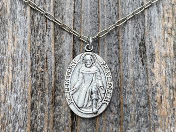 Silver St Peregrine Laziosi Medal Pendant on Paperclip Necklace, Antique Replica, Saint of Cancer, Saint Peregrinus Pellegrino, Pray for Me