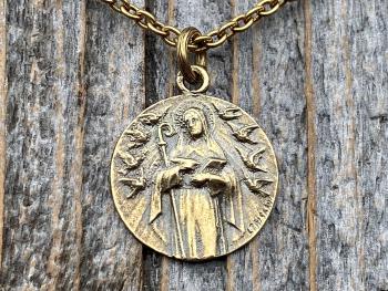 Fertility Saint Colette of Corbie Antiqued Gold Medallion and Necklace, By French Artist Tricard, Antique Replica, Patron Saint of Fertility