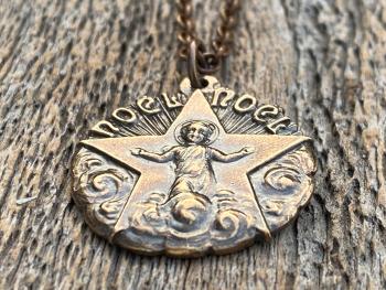 Bronze Christmas Noel Noel Pendant and Necklace, Antique Replica of a Rare French Medallion, Baby Jesus with a Radiant Star, from France