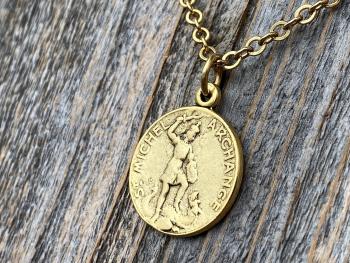 Antiqued Gold St Michael French Medal on Necklace, Antique Replica, Saint Michael the Archangel, St Michel Pendant, Protection against Satan