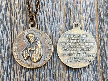 Bronze St Francis of Assisi Blessing Medal Pendant on Necklace, Antique Replica of French Latin Medallion, May the Lord Bless You & Keep You