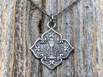 Sterling Silver Holy Eucharist Diamond Shaped Pendant Medal on Necklace, Antique Replica of a Rare French Catholic Medallion, Holy Communion