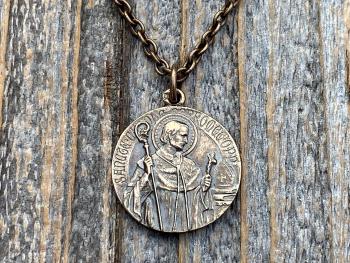 Bronze St Charles Borromeo Medal and Necklace, By French Artist Tricard, Antique Replica, Patron Saint of Stomach Ailments, Weight Loss