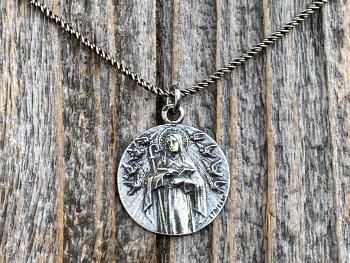 Fertility Saint Colette of Corbie Sterling Silver Medal and Necklace, By French Artist Tricard, Antique Replica, Patron Saint of Fertility