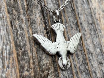 Silver Holy Spirit Dove Pendant and Necklace, Antique Replica of French Holy Spirit Charm, Descending Dove Medallion from France, Holy Ghost