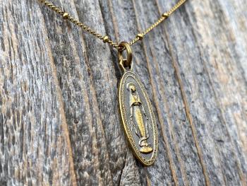 Antiqued Gold Latin Miraculous Medal Pendant and Necklace, Antique Replica of French Miraculous Medallion, Elongated Oval Shape Virgin Mary