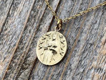 Fertility Saint Colette of Corbie Gold Medallion and Necklace, By French Artist Tricard, Antique Replica Medal, Patron Saint of Fertility