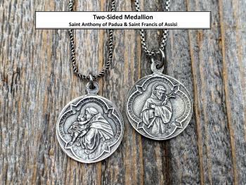 Sterling Silver St Anthony of Padua Medallion & Necklace, Antique Replica of Rare French Latin Medal, Two-Sided Pendant St Francis of Assisi