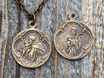 Bronze Saint Anthony of Padua Medallion & Necklace, Antique Replica of Rare French Latin Medal, Two-Sided Pendant with St Francis of Assisi