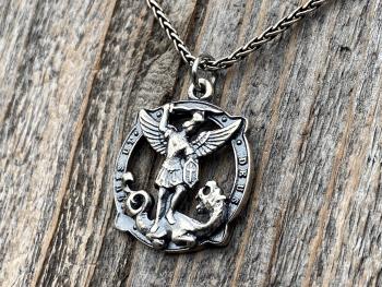 Sterling Silver Rare St Michael Quis Ut Deus Latin Medallion Necklace, Antique Replica Saint Michael the Archangel Protection Medal Pendant