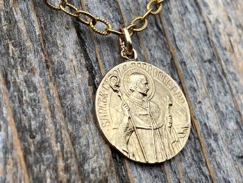 Gold St Charles Borromeo Medal and Necklace, By French Artist Tricard, Antique Replica, Patron Saint of Stomach Ailments, Weight Loss