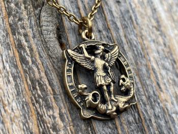 Antique Gold Latin St Michael Quis Ut Deus Rare Medallion Necklace, Antique Replica Saint Michael the Archangel, Protection Medal Pendant